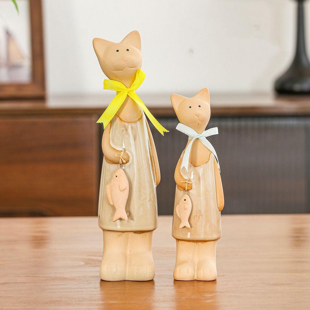 2pcs Ceramic Animal Art Statues Modern Miniatures Sculpture Creative Cat Figurines  Living Room