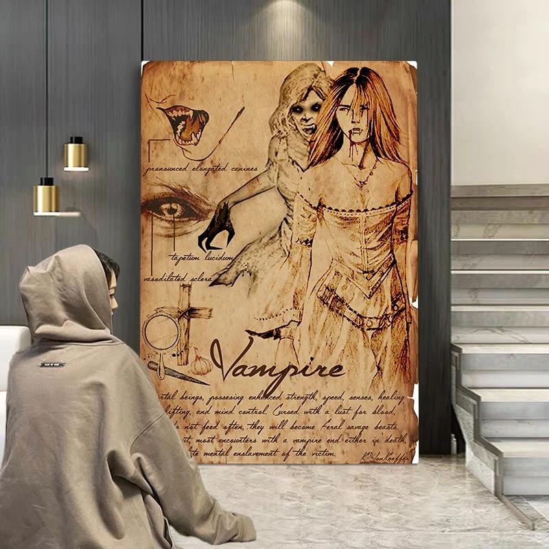 Vintage Magic horror vampiro monstro mítico Sexy Devil girl Poster lobisomem bruxaria Canvas Poster Wall Art Mural Decoração de quarto sem moldura