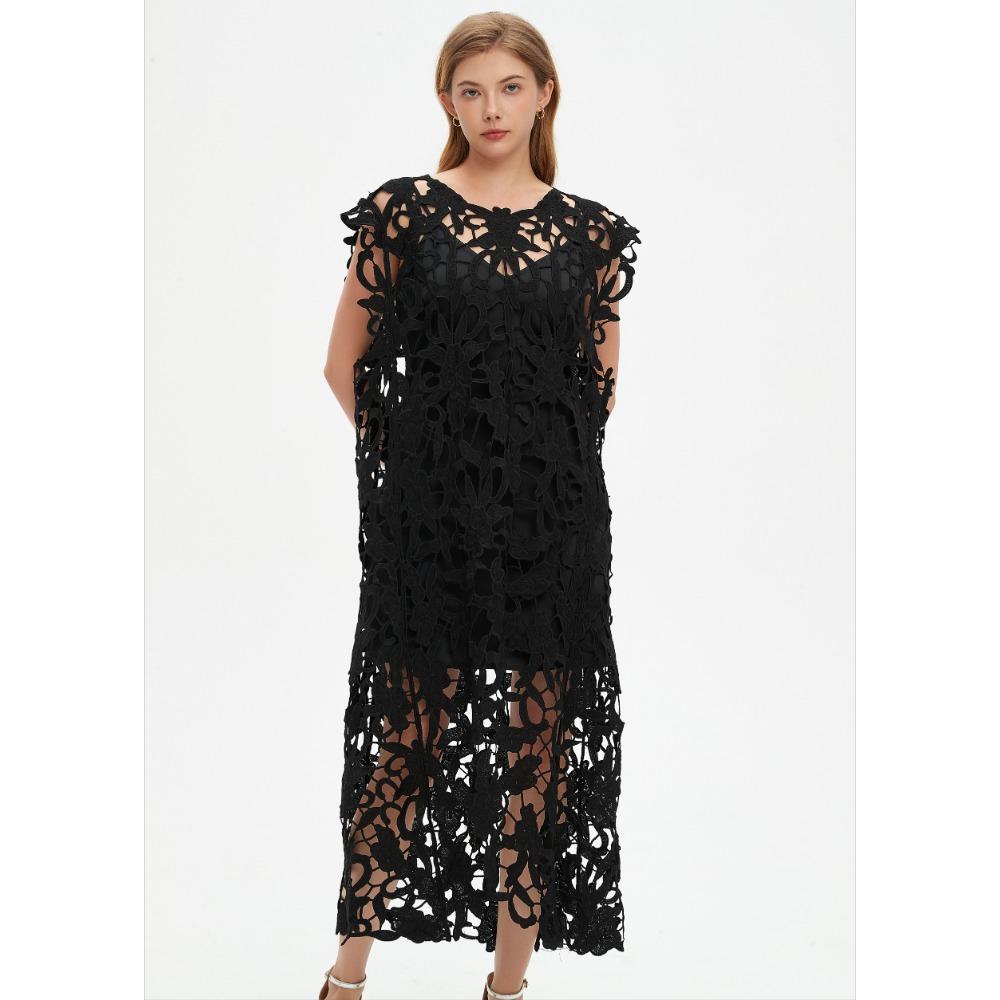 

DIMANAF 2025 Новое летнее платье для отдыха женщин Длинный пляжный жилет без рукавов Платье Базовые модные кружевные футболки Повседневный свободный белый One Size чёрный