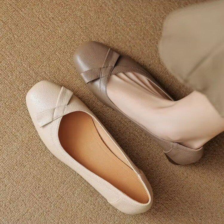 Chaussures françaises en cuir souple à bout carré, semelle souple, ouverture peu profonde, nouvelle collection printemps-été, chaussures à enfiler, chaussures à petit talon