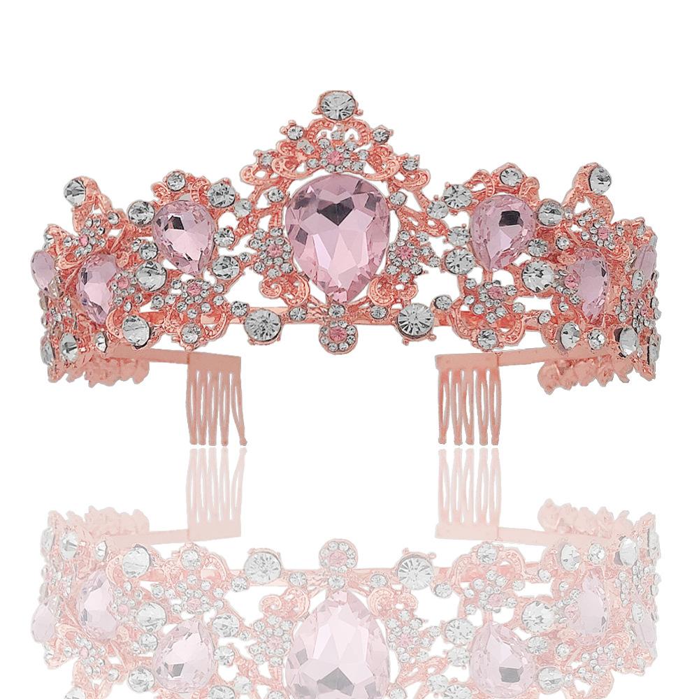 Crystal Pink Crown Bridal Crown Wedding Baroque Queen Golden Big Crown Wedding Dress Accessories Jewelry