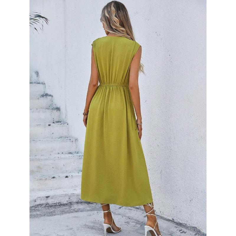 Elegant Sleeveless Front Thin Straps Belted Midi Dress for Summer Women's Solid Color Party A-Line Dress Slim Fit Fashion Evening Dresses