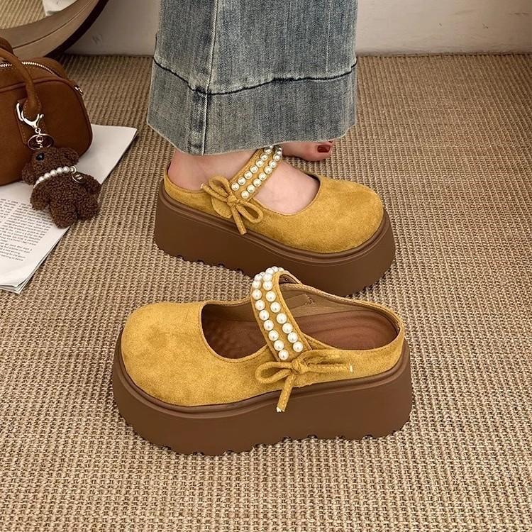 Spring 2025 thick-bottomed bag head half slippers women's new bow pearl height increase small Mary Jane sandals