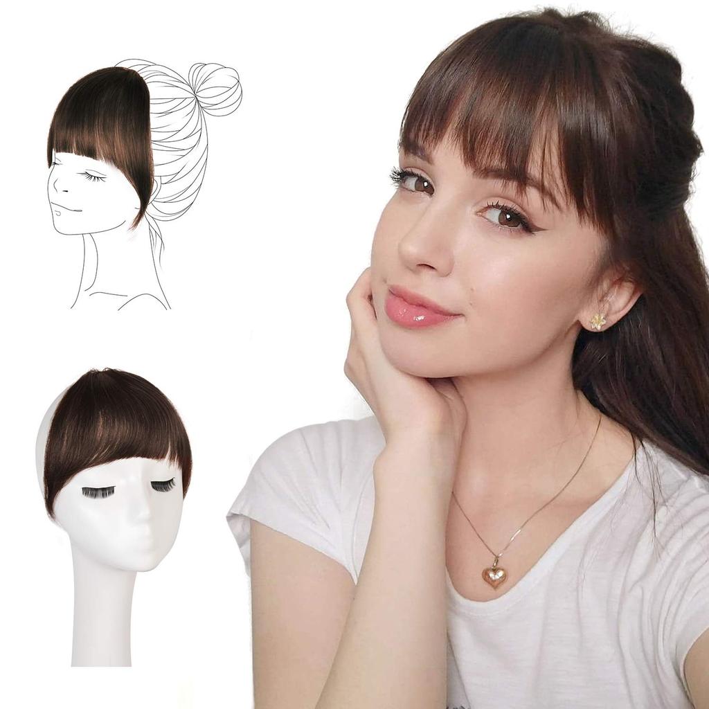 FESHFEN Clip-in Bangs 100% Human Hair Extension Curved French Fringe Reddish Brown Bangs with Temples One Piece Hairpiece Extension for Women Girls