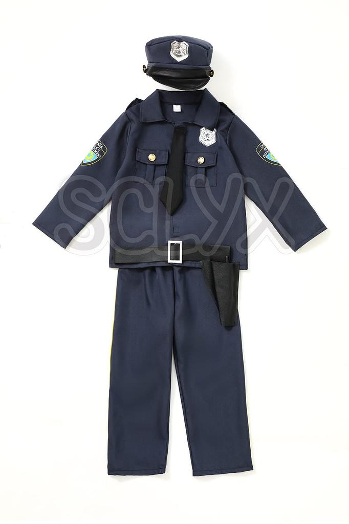 [SCLYX] Halloween Costume Kids Costume Boys Cool Police Cosplay Outfit with Hat Police Costume Kids Police Outfit Police Cosplay Kids Children Long