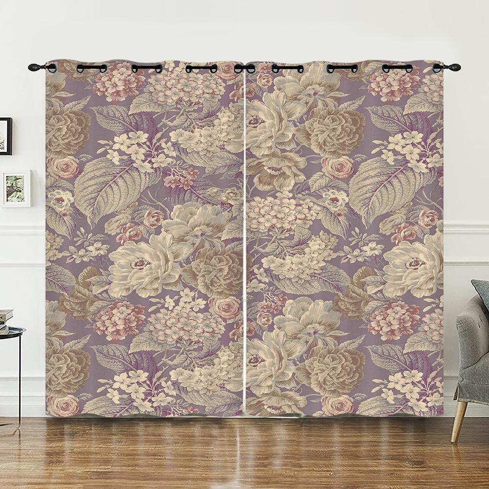 Curtains Court Pattern Retro Flower Curtain Digital Printing Blackout Curtain No Punching
