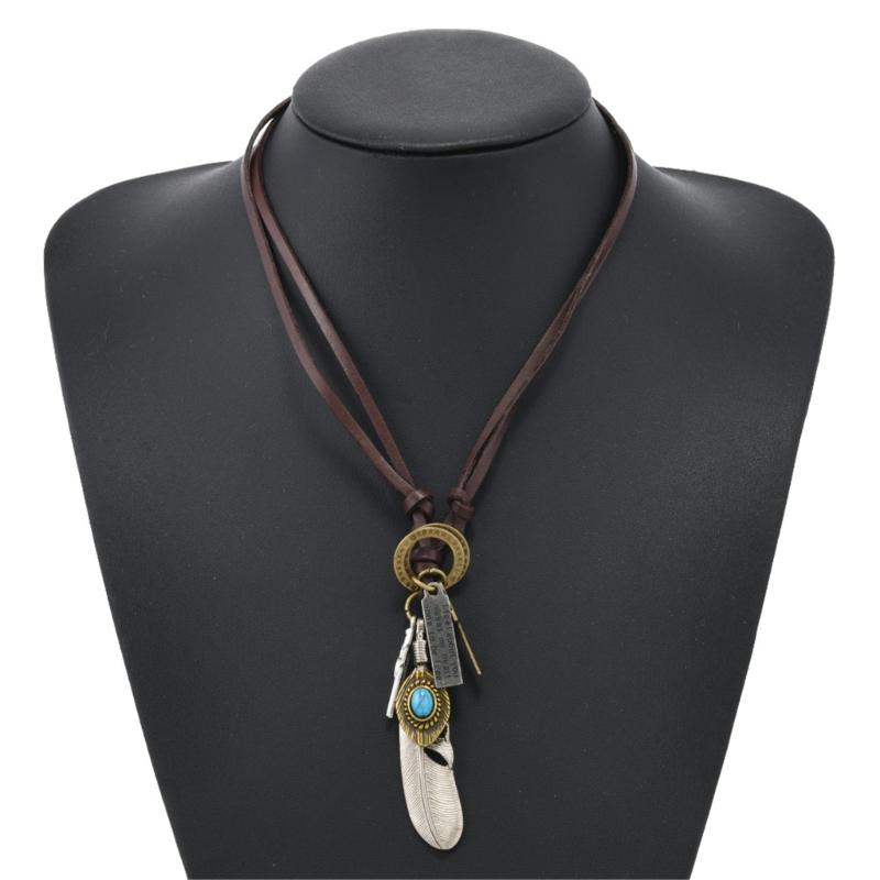 Vintage Inspired Alloy Feather Leather Necklace Adjustable Length Iron Clasp Leather Chain Necklace For Trendy Outfits