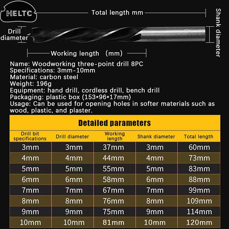 5/8Pcs Electric Drill Bit Drilling Twist Drill Tool 3-10mm Three Pointed Woodworking Drill DC Branch Drill Drilling