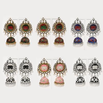 Ethnic Lotus Flower Dangling Earrings Women Crystal Design Enamel Earring Afghan Kundan Jhumka Jewelry Accessories