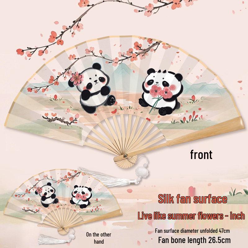 Children's Day Gift: Panda-Themed Silk Folding Hand Fan in Ancient Chinese Style - Portable and Cute for Dance