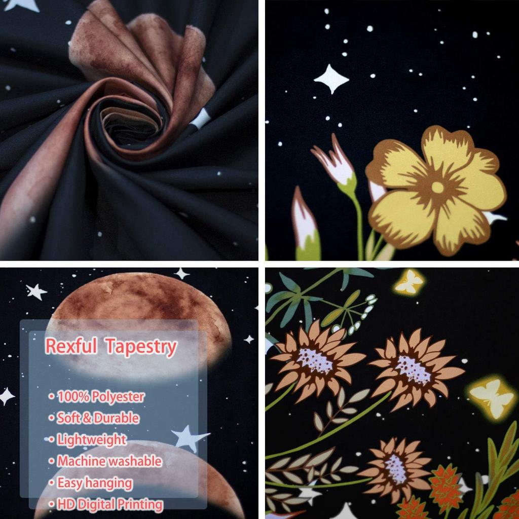 Rexful Moonlit Garden Tapestry, Moon Phase Surrounded by Plants and Flowers Black Wall Hanging Blanket 36×48 inch