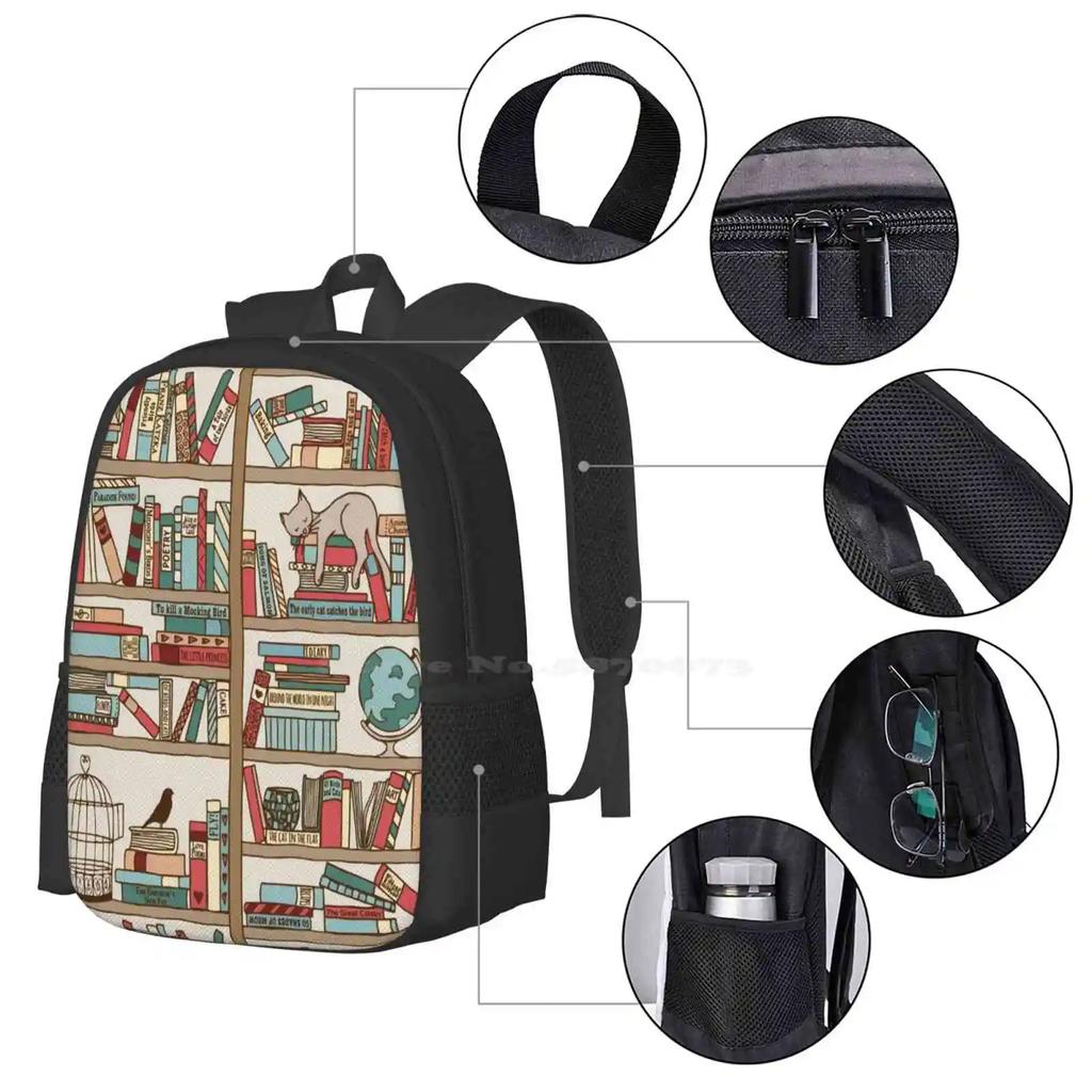 Bookshelf No.2 Pattern Design Bag Student's Backpack Cat Sleeping Bookshelf Hand Drawn Pattern Reading Writer Novel Literature