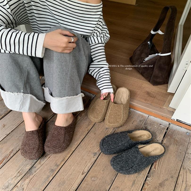 ~ Korean version of fashion bag head towing woolen material, inner height increase, comfortable external wear relief, new soft-soled women's slippers