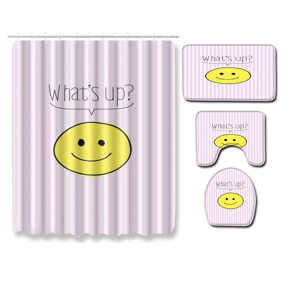 Gestreifte Quadratische Badezimmer Duschvorhang Bodenmatte WC-Deckel Fußmatte Vierteiliges Set