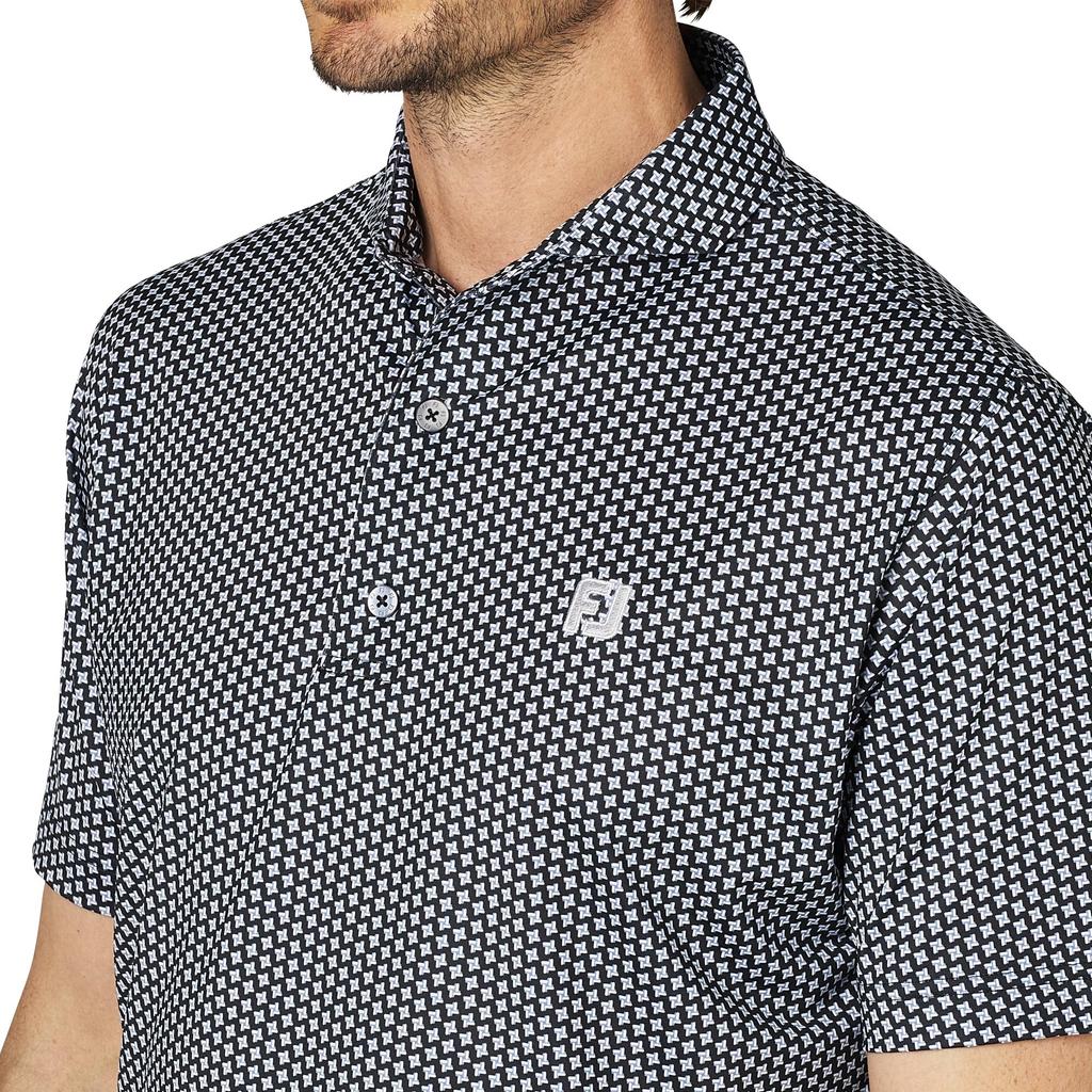 FootJoy Men's Black Geometric Print Short Sleeve Wide Collar Golf Shirt, Size M (FJ-S25-S12, 34527-M)