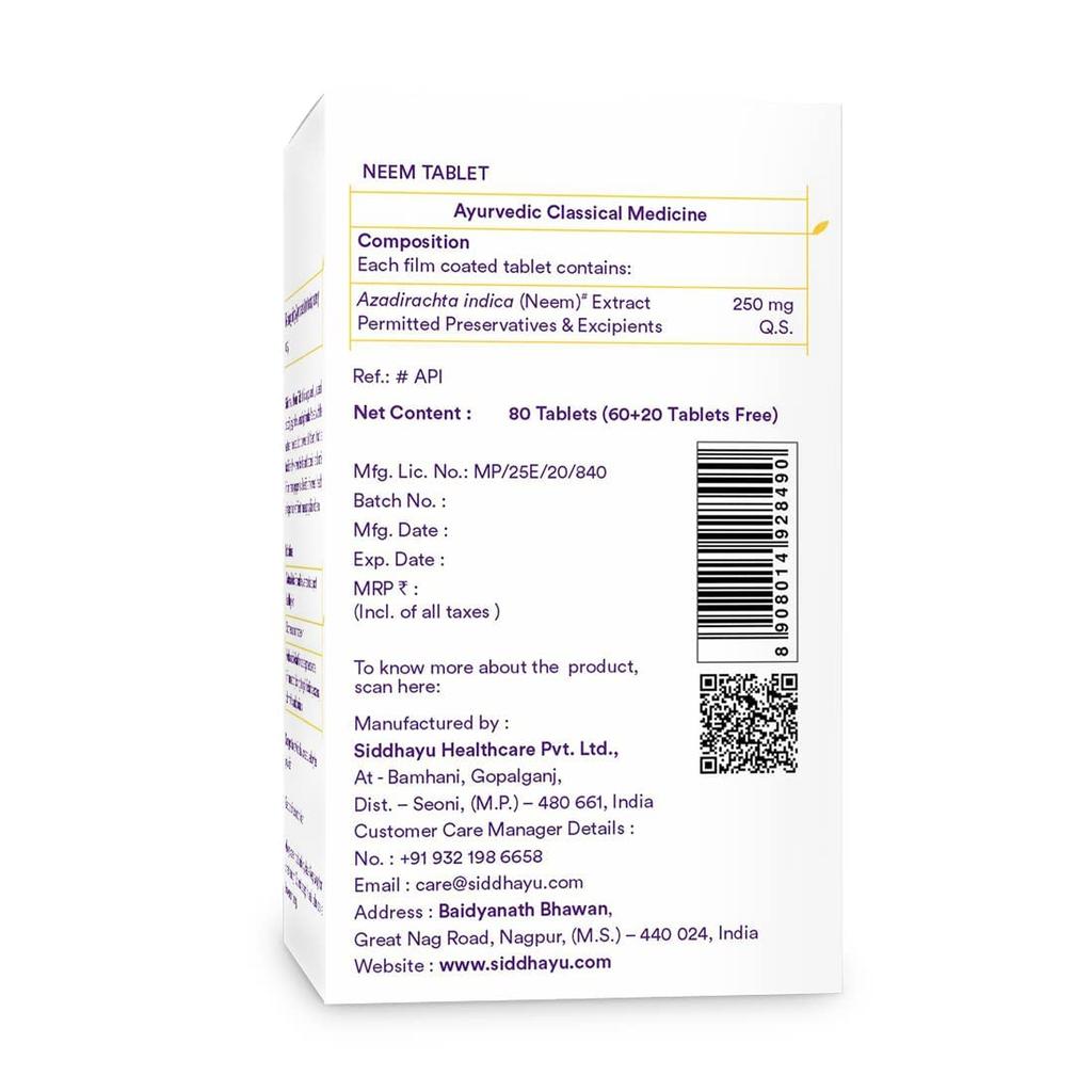 Baidyanath Siddhayu Neem Tablet Pack of 1 With 80 Tablets Natural Skin Support Anti Acne