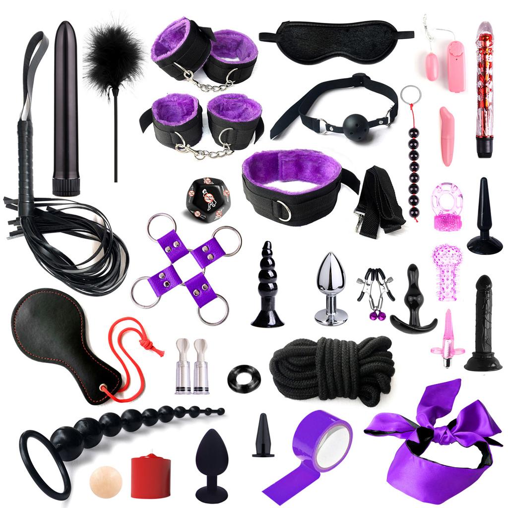 SM Fetish Bondage Erotic Toy Restraint Set Sex Toys For Women Handcuffs Whip Binding Anal Plug Vibrator Couple Sexy Tool