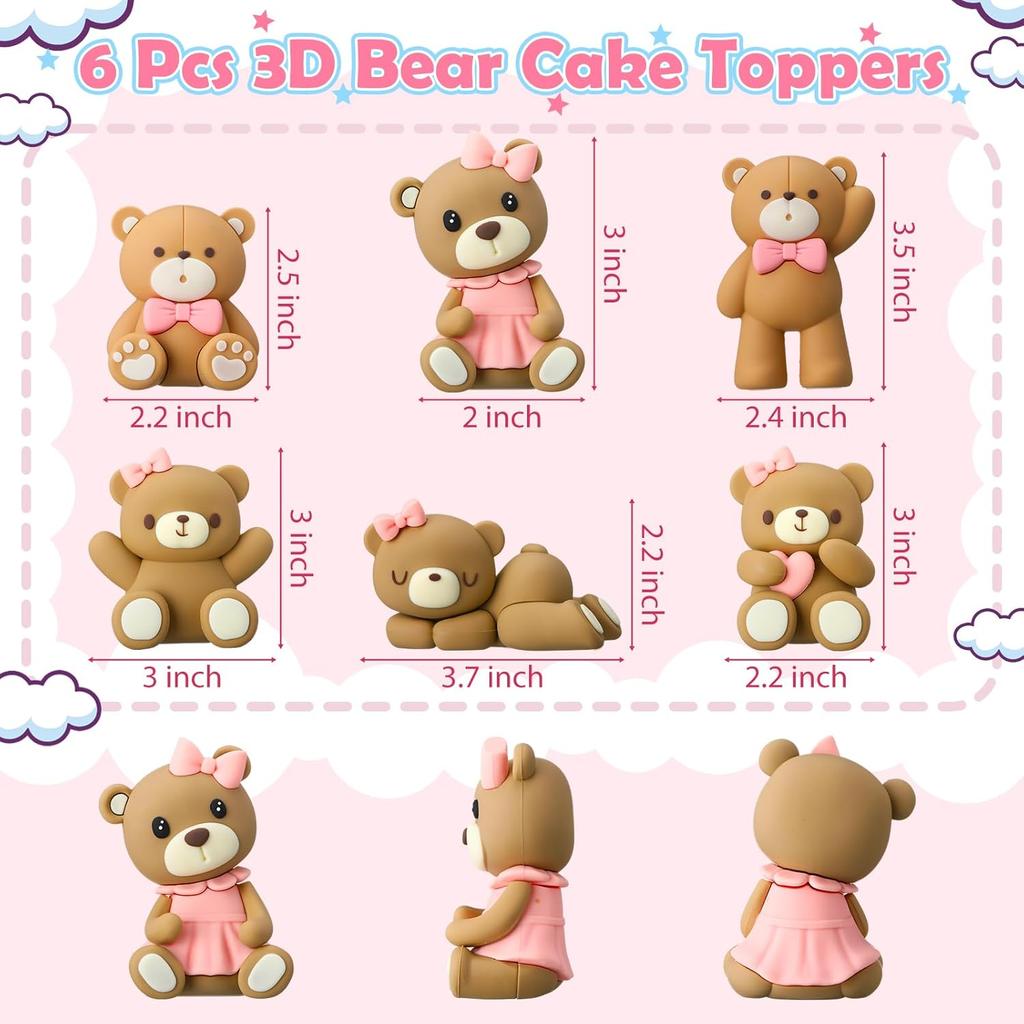 6 Pcs 3D Bear Cake Toppers Bear Cake Decorations Baby Shower Party Favors Home Ornaments for Baby Shower Birthday Party Cake Supplies Boys Girl