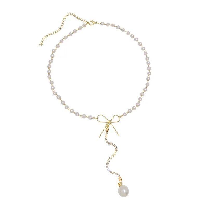 iF ME Elegante Perlenanhänger Halskette Schleife Kristall Gold Kette Halsband Schmuck Zubehör