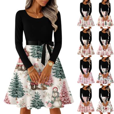Women's Casual Fashion Round Neck Long Sleeve Christmas Printed Party Vintage Long Dresses