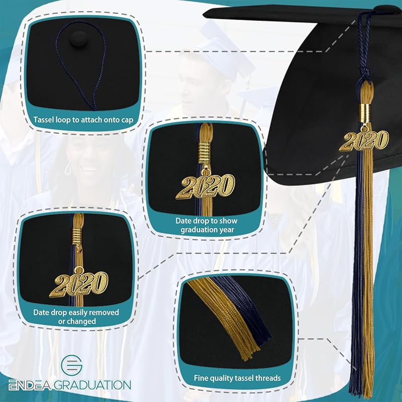 Endea Graduation Double Color Tassel with Gold Date Drop (Dark Navy Blue/Antique Gold, 2020) синий