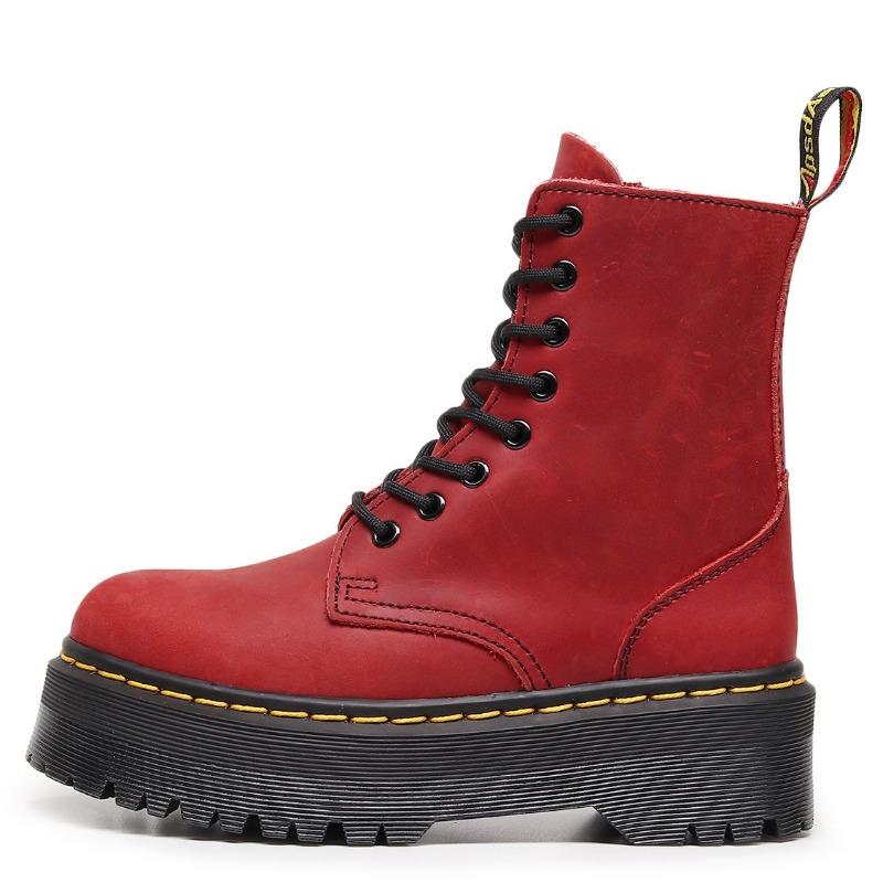 First layer thick bottom hole locomotive boots women, side zipper short boots leather muffin bottom tooling