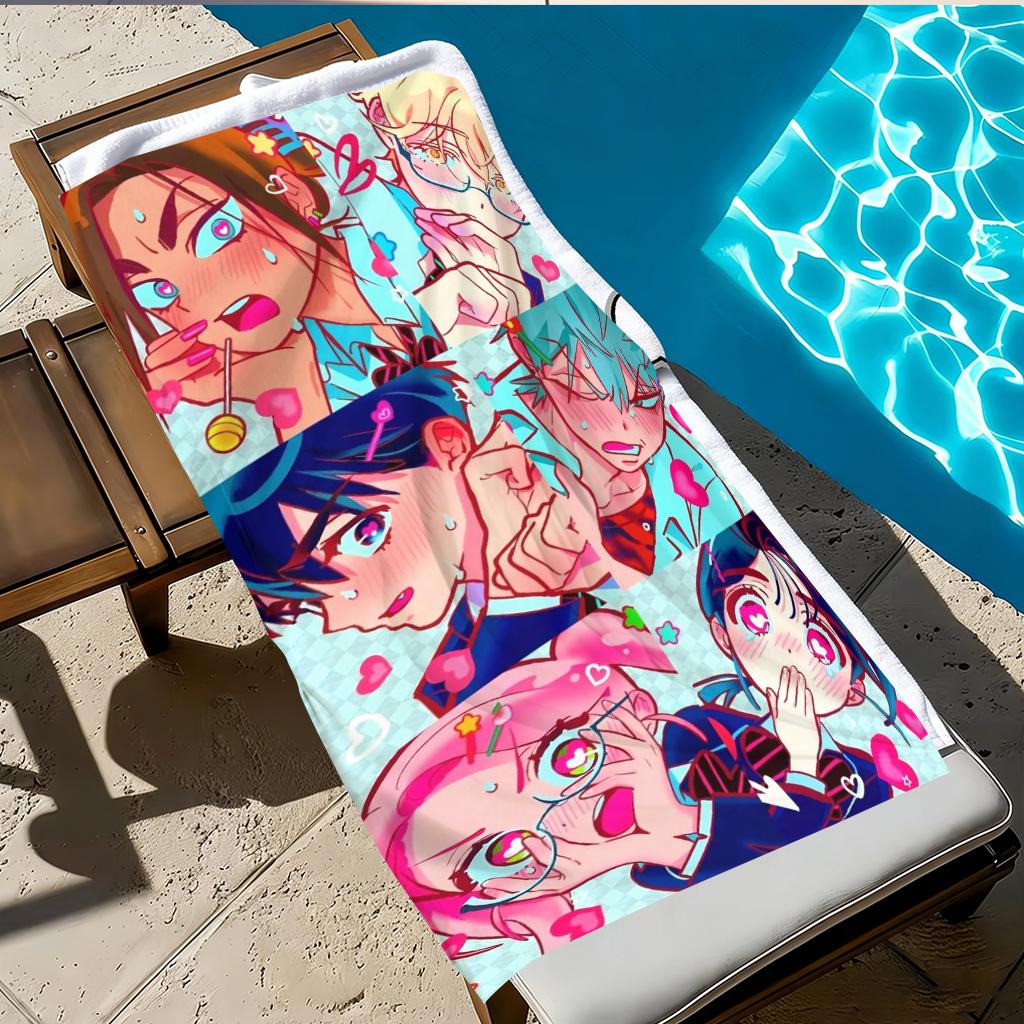 Cute Anime Heart Eyes Grid Print Beach Towel, Quick Dry Microfiber Bath Towel, Soft Absorbent Towel for Swimming, Travel, Campin