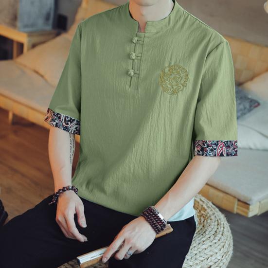 Pánské tričko s stojáčkem, čínský vintage styl, jednobarevný tištěný vyšívaný volný poloviční rukáv, měkké, plus velikost