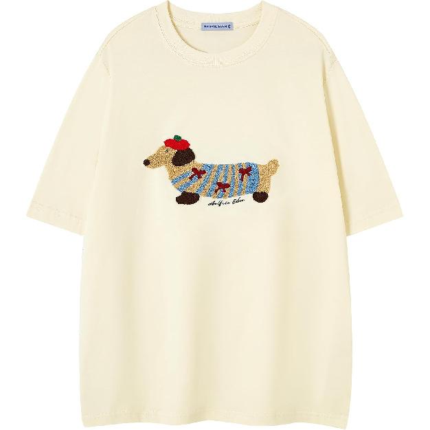 Aelfric Eden Camisetas Gráficas Oversize para Hombre Bordado de Perro Camisetas Casuales para Mujer Top de Manga Corta Algodón Camiseta Linda