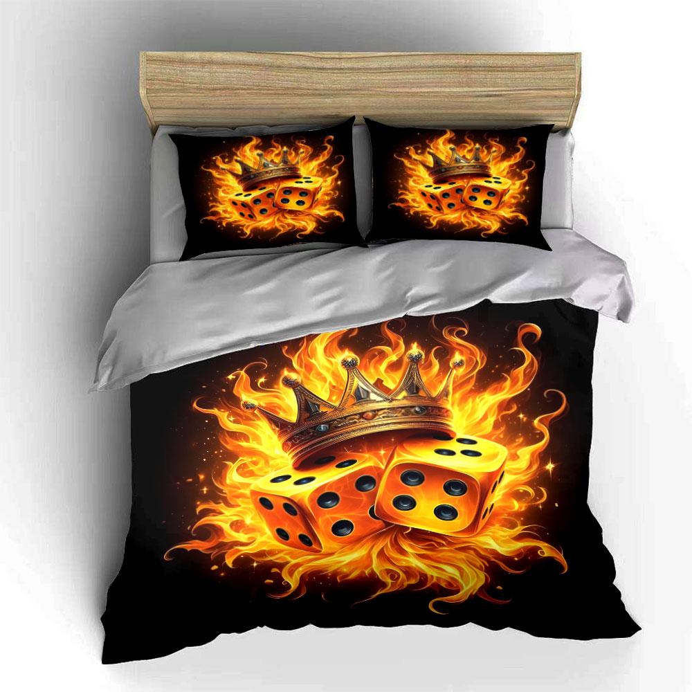 Fiery Crown and Dice Design Bedding Duvet Cover Set  (1*Duvet Cover 2*Pillowcases, without duvet insert)