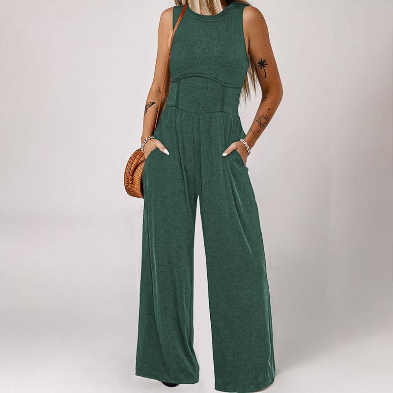 

and American Leisure Minimalist round Neck Vest Jumpsuit for Women 2024 Summer New Arrival Waist-Tight Slimming and Straight Loose Pants Women Green P309 Size XL fit (70.00 kg-75.00 kg