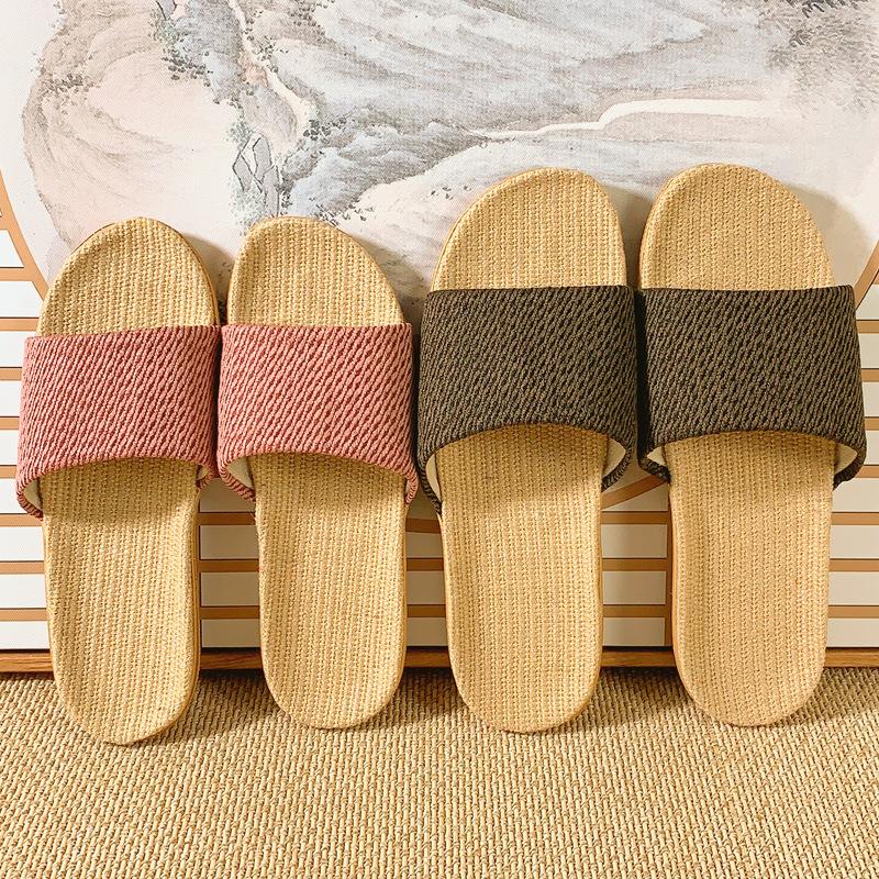 Fashion 2024 Summer New Linen Slippers Couple Summer Thick Bottom Slippers Home Indoor Comfortable Non Slip Slippers