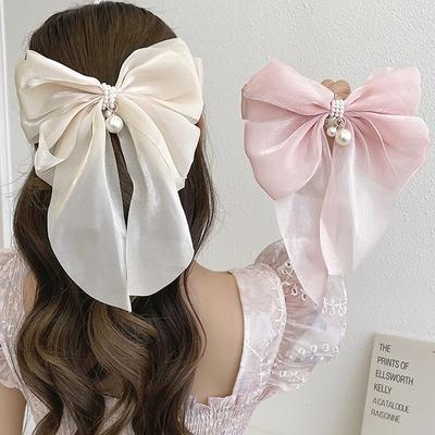 Large Korean Solid Color Satin Fabric Bow Hair Clip For Women Girl Chiffon Bowknot Ribbon Ponytail Hair Accessories Hairpin