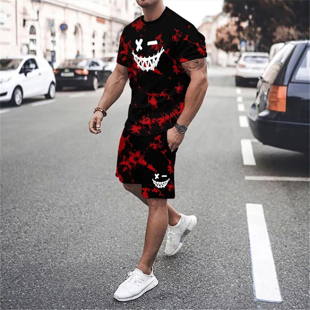 3D Demon Face Print Men Short Sleeve T-Shirt Shorts Two Piece Sets Hip Hop Trend Harajuku Streetwear Summer Casual Outfit