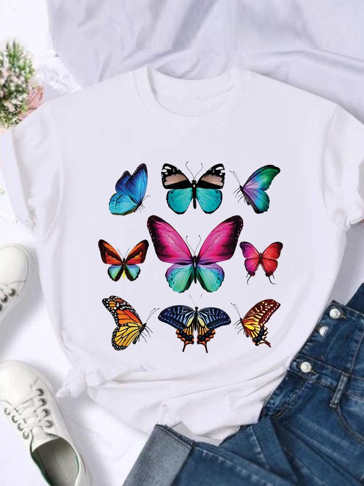 Kortärmade T-shirts Dam T-shirt Tryck Sommar Tecknad Fjäril Trend Söt Skjorta Dam Grafisk T Topp T-shirt Mode Kläder