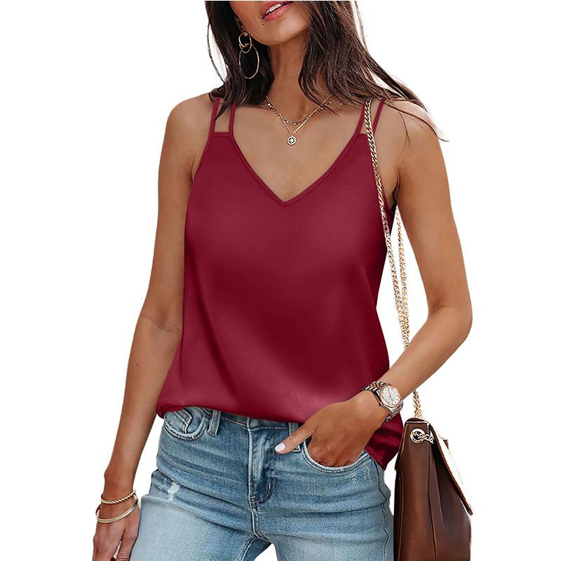 Solid Sling T-shirt for Women Summer V-neck Sleeveless Loose Waist T-shirt Casual Stylish Soft Comfortable T-shirt Breathable Lightweight Vacation Top
