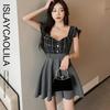 ISLAYCAOLILA DY3 Barbara Mini Club Party Flared Mini Dress Women's Dress, Dress, Dress, Dress, Dress, Checked, Sleeveless, Waist-Clubbed, A-Line