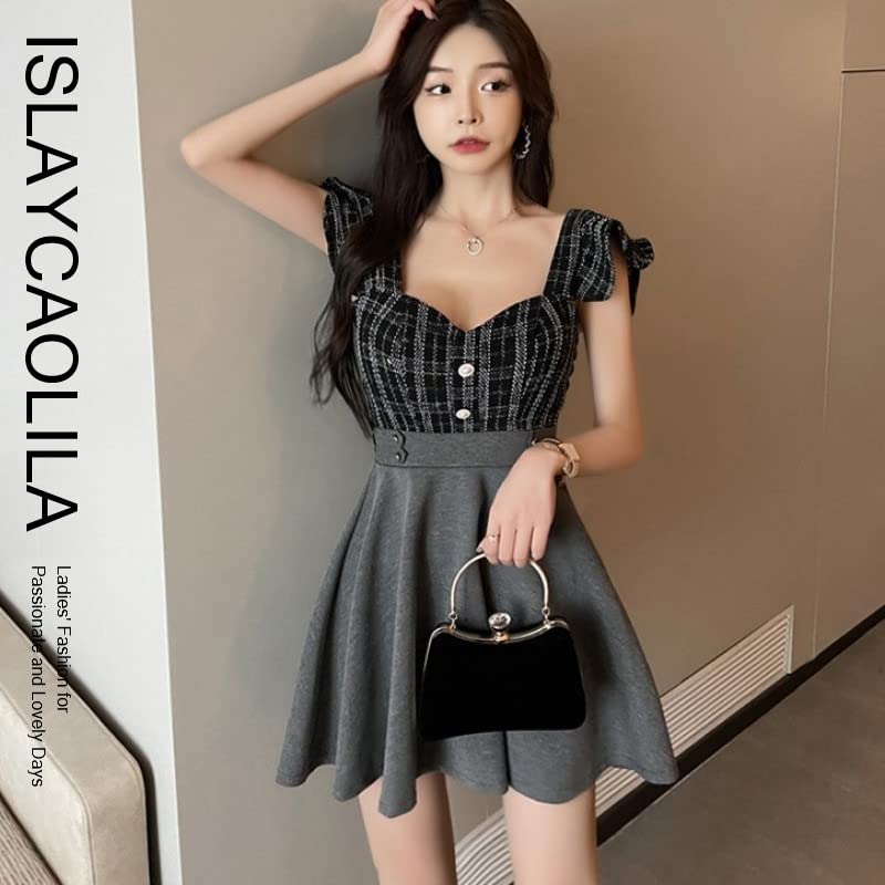 ISLAYCAOLILA DY3 Barbara Mini Club Party Flared Mini Dress Women's Dress, Dress, Dress, Dress, Dress, Checked, Sleeveless, Waist-Clubbed, A-Line