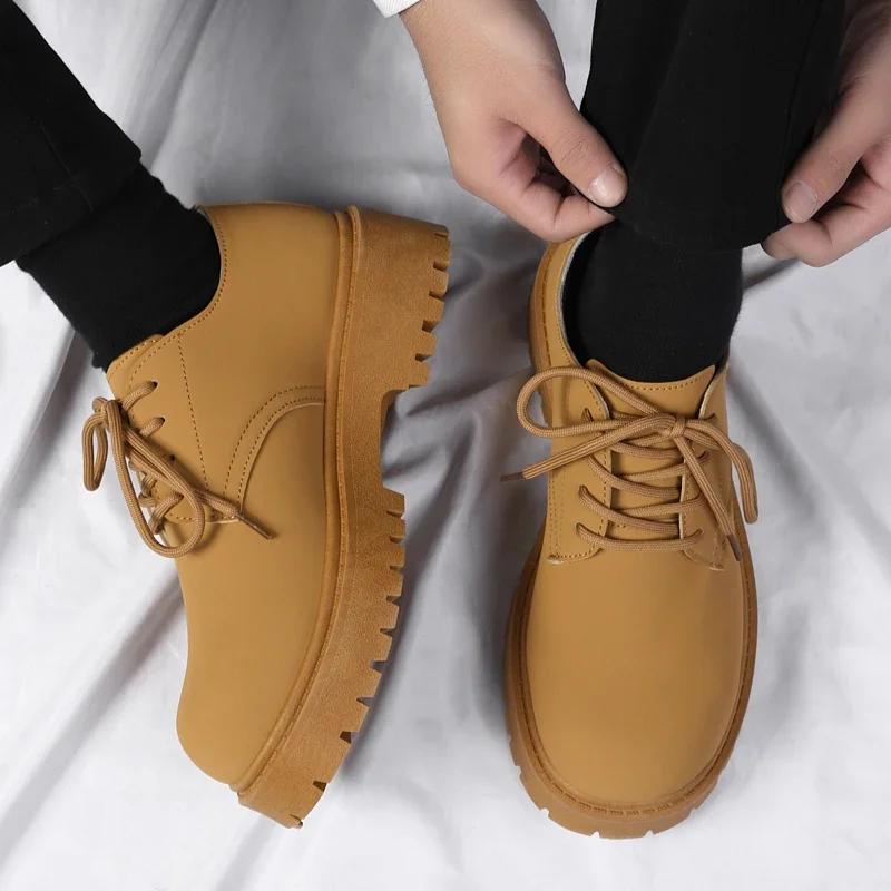 Men's Big Head Derby Shoes Senior Sense Round Head Thick Soles Increase Leather Shoes Non-slip Wear Outdoor Shoes