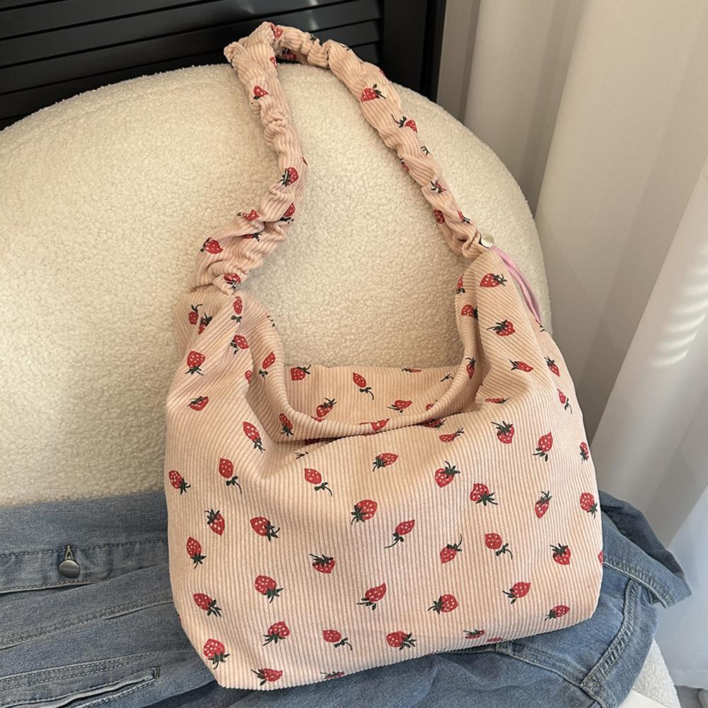 

Women Strawberry Printed Shoulder Bag with Ruched Strap Cartoon Shopping Handbag Corduroy Large Capacity Ladies Dating Bag