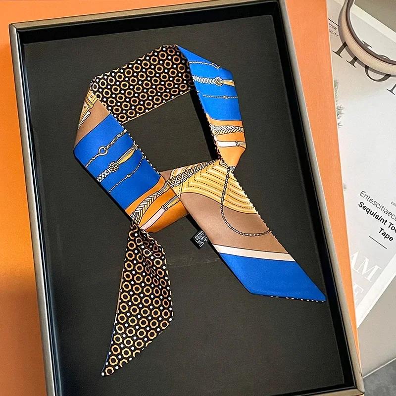 Silk Scarf Women Luxury Chain Print Bag Skinny Scarves Wraps Wrist Towel Foulards Neckerchief Headband Muslim Hijabs