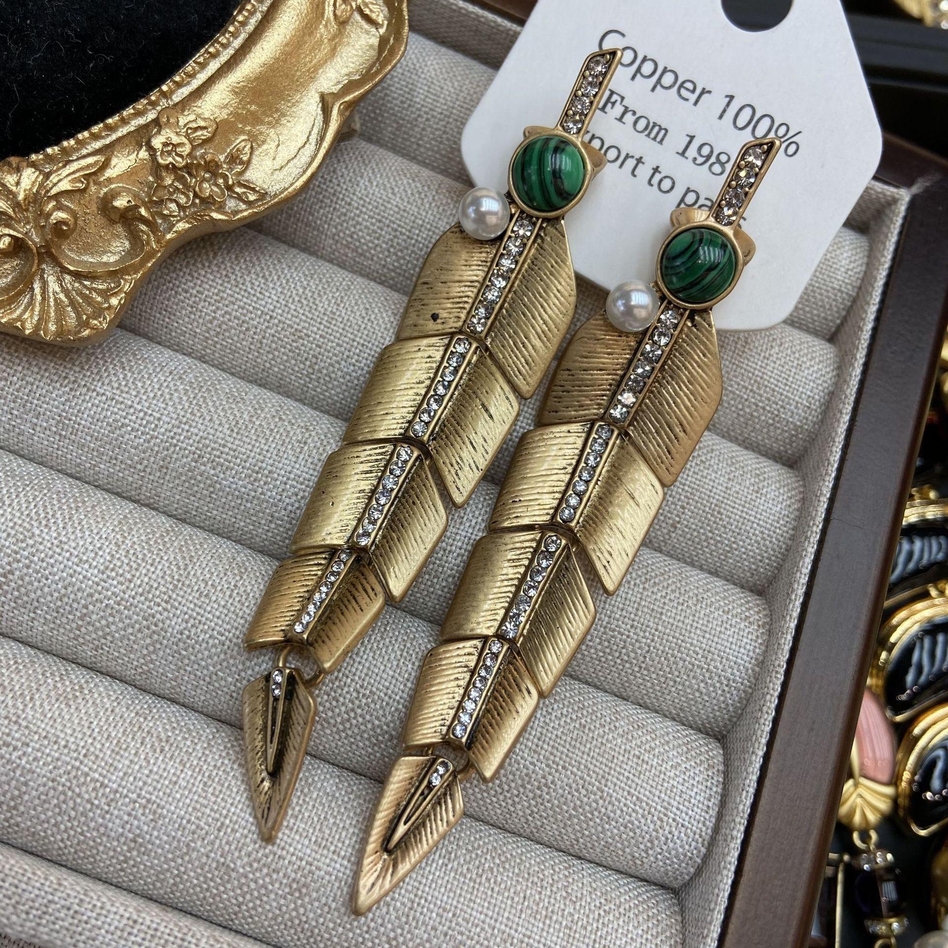 

Длинные серьги в стиле ретро со вспышками из бриллиантов и жемчуга в виде листьев и перьев, медные серьги из старой бирюзы высокого класса