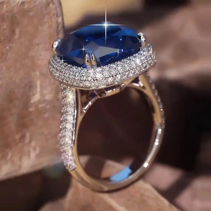2026 Luxury Prong Setting-Rings for Women with Deep Blue Zircon Stone Anniversary Gift   Wife Micro Paved Middle