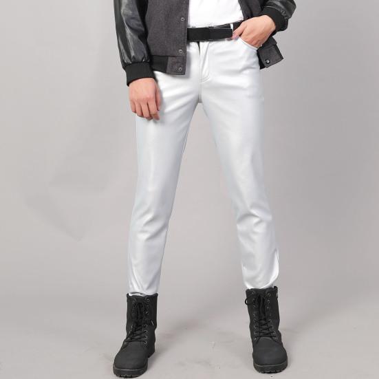 Men Faux Leather Pants Mid Waist Slim Fit Smooth Button Zipper Placket Solid Color Waterproof Hip Hop Style Streetwear Party Club Performance Trousers