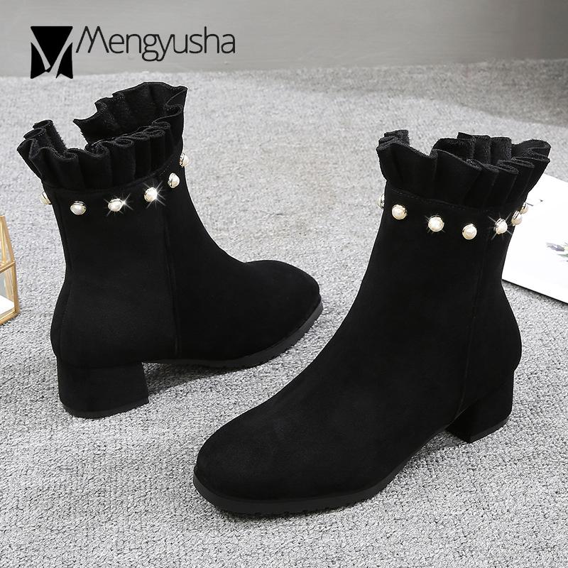 Fashion 41 42 43 Big size women winter booties suede leather ruffles short snow boots girls pearl decorate mid-calf plush botas shoes