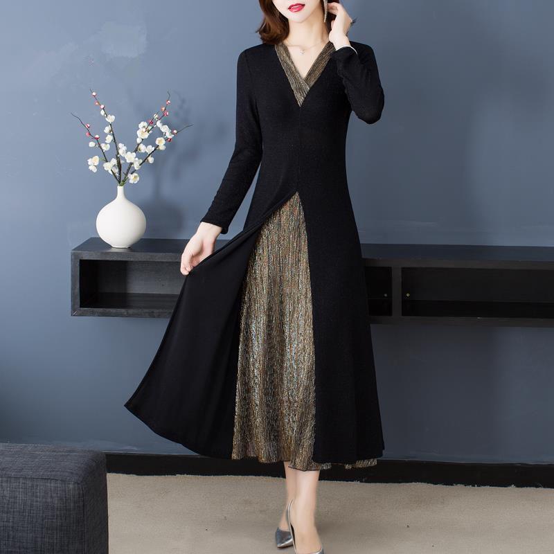 Elegant Faux Two-Piece Plus-Size Cheongsam Dress with Long Sleeves and Split Skirt