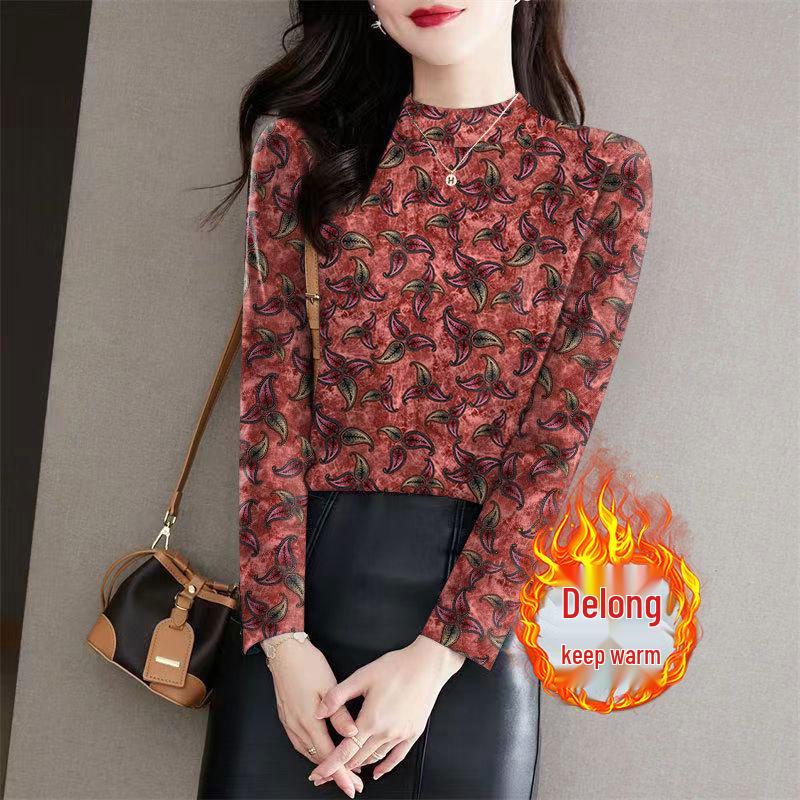 

High-Neck Floral Thermal Ribbed Base Layer Top for Middle-Aged & Elderly Women - Long Sleeve Winter Wear 2XL [120-135 lbs]