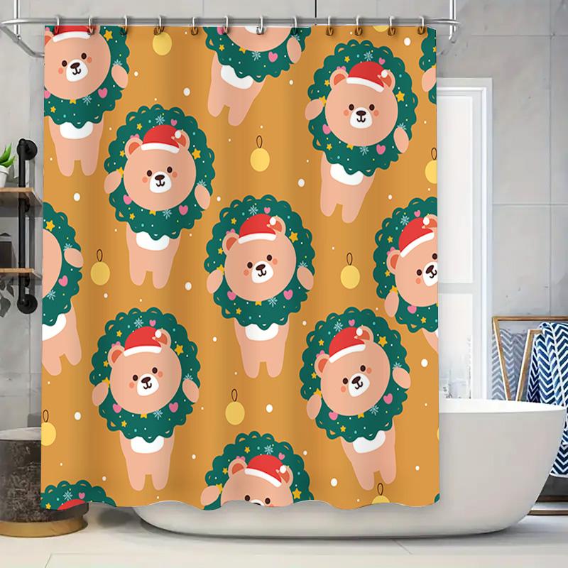 Adorable Christmas Lion Teddy Bear Santa Claus Christmas Decorative Shower Curtain Set Home Textiles Bathroom Decoration