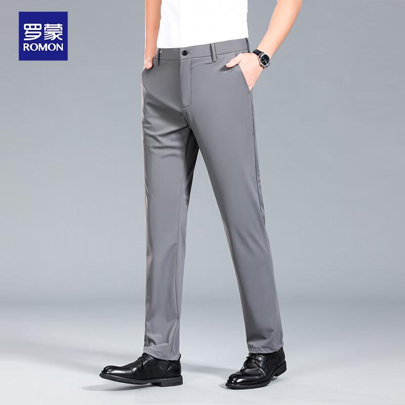 ROMON Men's Ice Silk Wrinkle-Free Stretch Straight-Leg Business Casual Pants