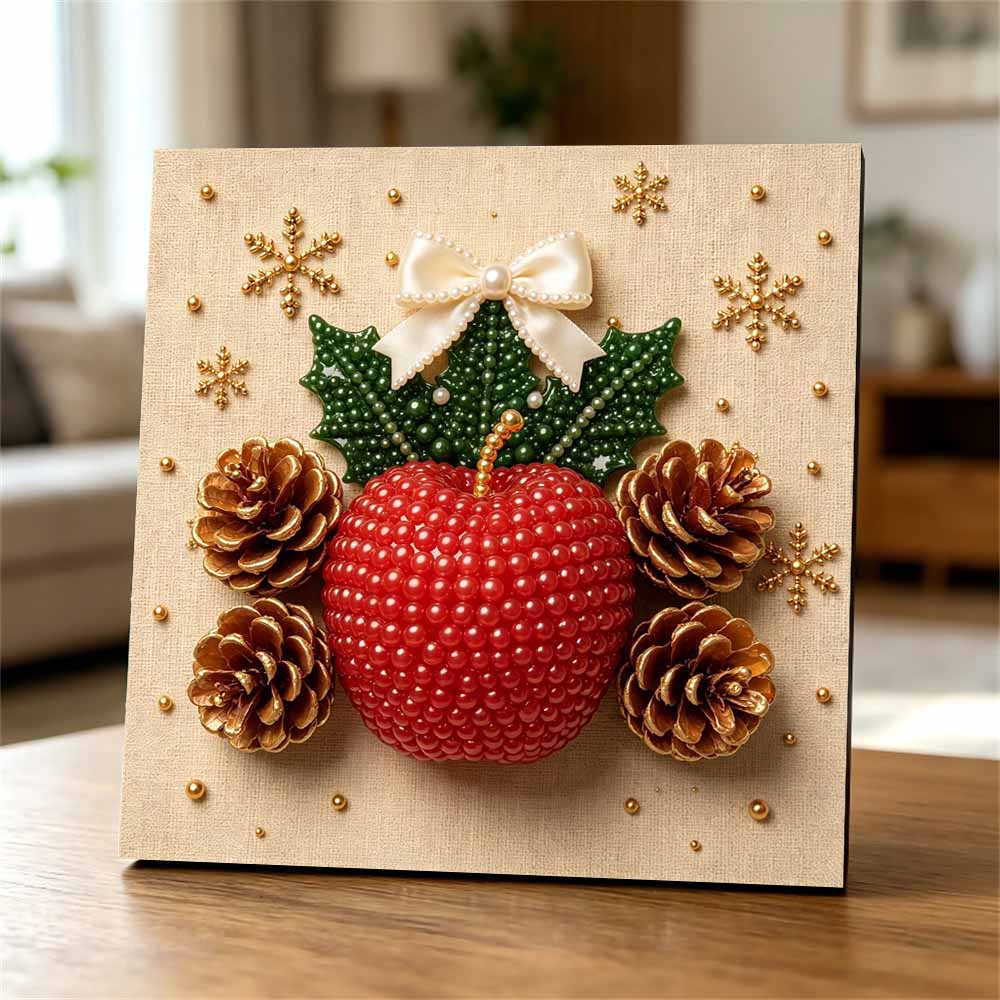 Premium Framed Pearl Art Kit with Christmas Apple Pinecone Pattern 5D Sparkling Bead Canvas DIY Relaxing Craft for Home Wall Decor Gift
